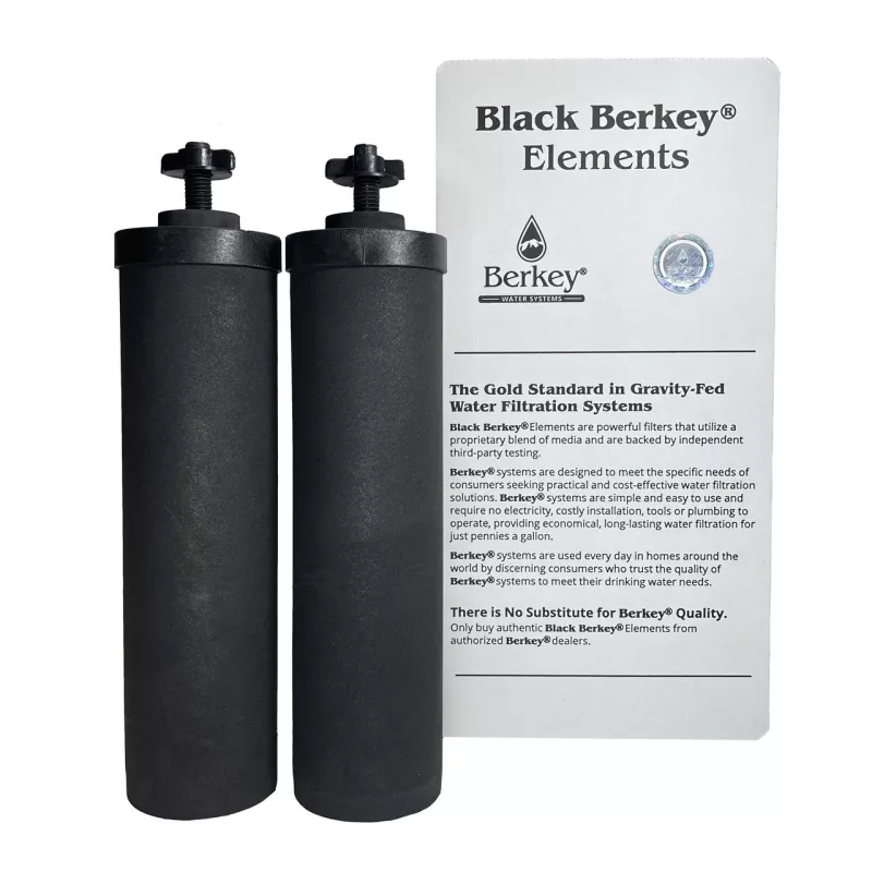 Paire d'éléments de purification Black Berkey® avec leurs papillons de fixation, devant leur boîte