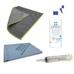 Pack entretien & hygiène idéal : spray antibactérien UMONIUM38® Master Food, microfibres grise et bleue, seringue d'amorçage