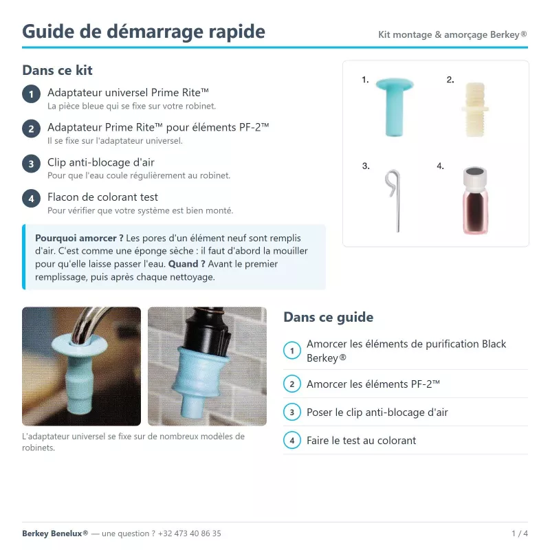 Notice du kit montage & amorçage Berkey®, page 1 : contenu du kit et sommaire