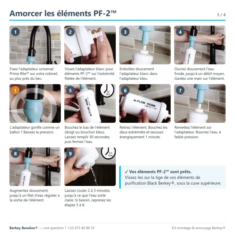 Notice du kit montage & amorçage Berkey®, page 3 : amorcer les éléments PF-2™