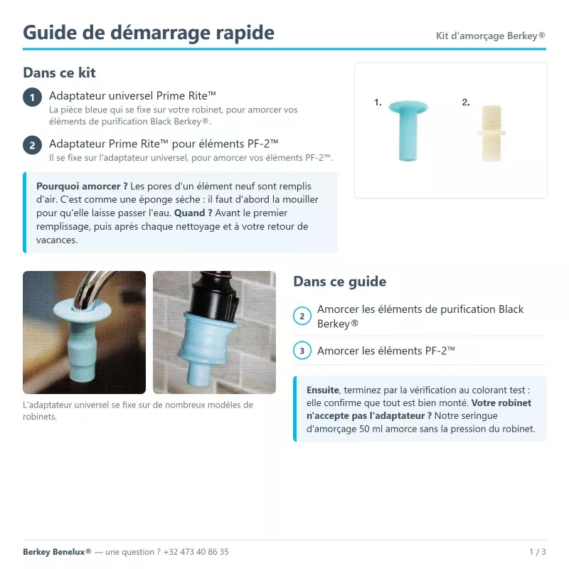 Notice du kit d'amorçage Berkey®, page 1 : les deux adaptateurs Prime Rite™ et le sommaire