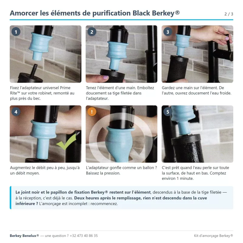 Notice du kit d'amorçage Berkey®, page 2 : amorcer les éléments de purification Black Berkey® au robinet
