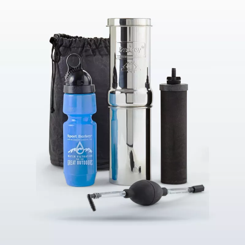 Kit Go Berkey® 1 L, purificateur d'eau : système inox, bouteille Sport Berkey®, housse, poire d'amorçage