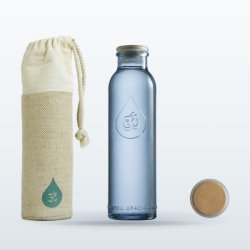 Bouteille OmWater Mini 500 ml en verre recyclé, avec son étui en coton et son bouchon
