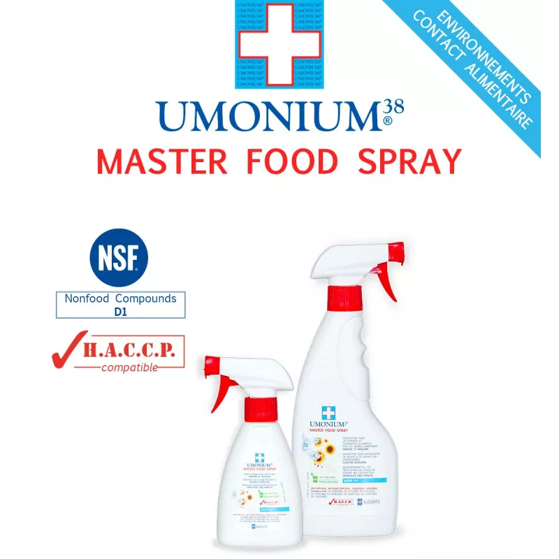 Spray antibactérien UMONIUM38® Master Food, enregistré NSF Nonfood Compounds catégorie D1, compatible HACCP