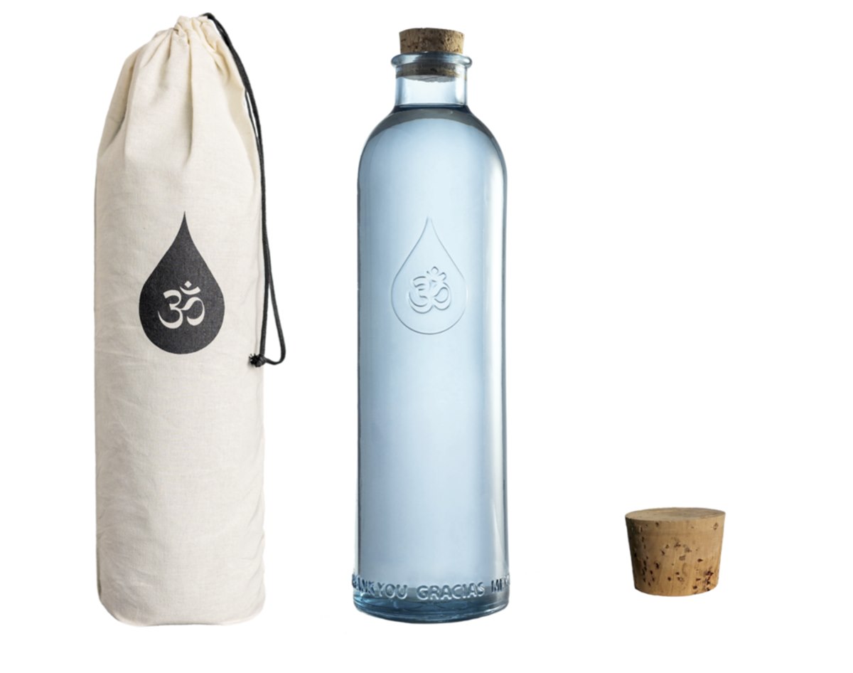 Bouteille OmWater Gratitude 1,2 L avec son étui en coton et son bouchon en liège